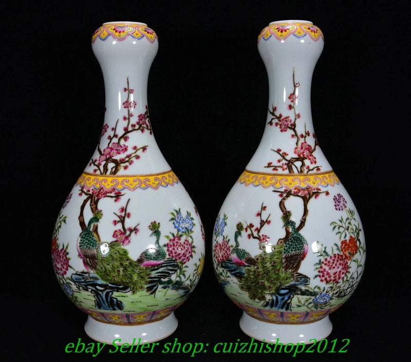 Porcelain famille rose peacock and peony flower vase pair, bulbous bottles with floral medallions