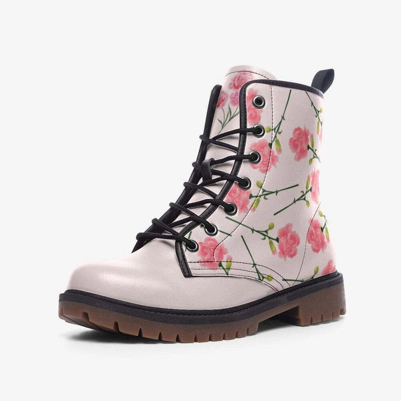 Floral ankle lace-up boots with pink flower print, black laces, rugged sole