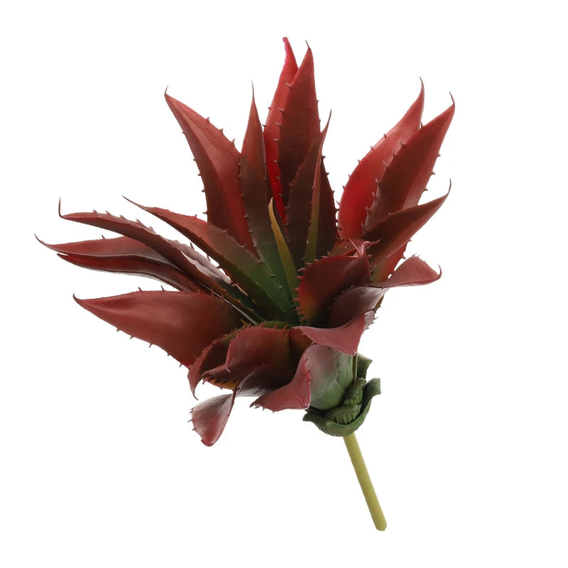 Artificial aloe succulent plant with red and green pointed leaves on a stem