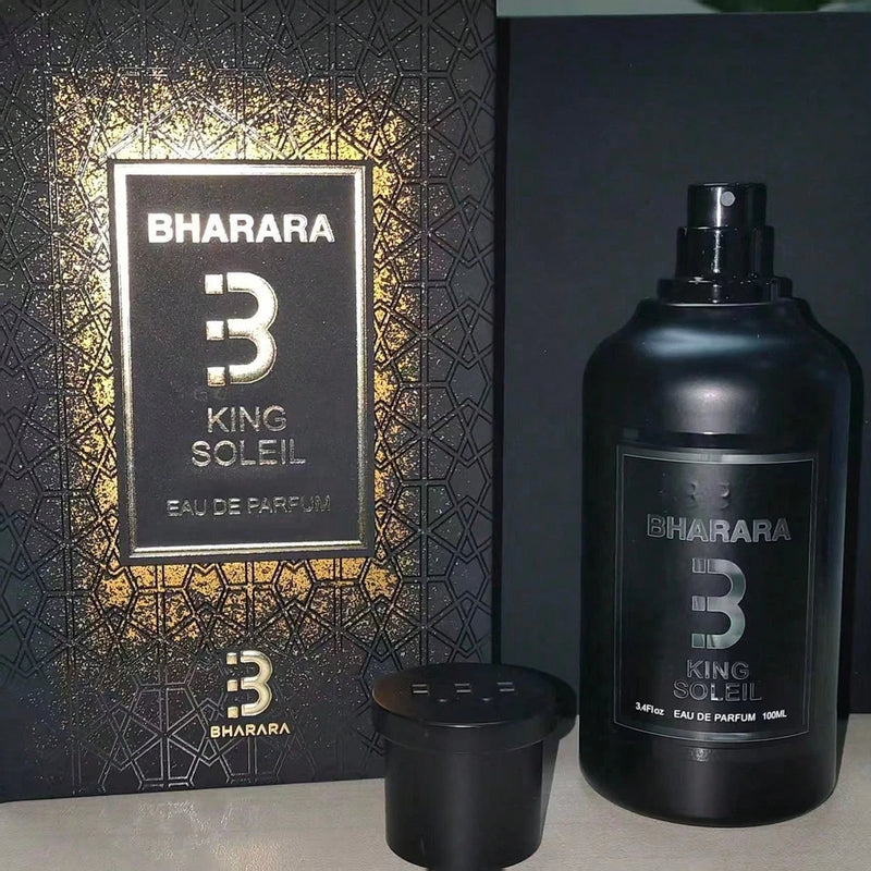 Men's eau de parfum spray bottle, dark glass with black cap and 'Bharara 3 King Soleil' label