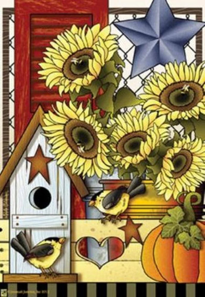 Garden flag with bright sunflowers, small yellow finches, stars, and orange pumpkin artwork