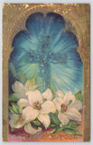 Easter~Lilies In Front Of Blue Flower Cross~Gold Arch Door~Emboss~SB~GEL~1913 PC Lily
