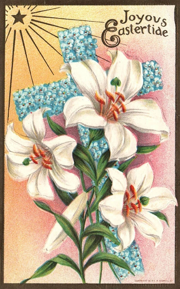 Lovely LILIES, Flowered CROSS On Beautiful Vintage EASTER Postcard Lily