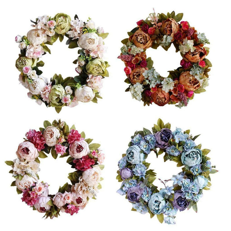 Handmade artificial rose flower wreath with mixed blooms and green leaves