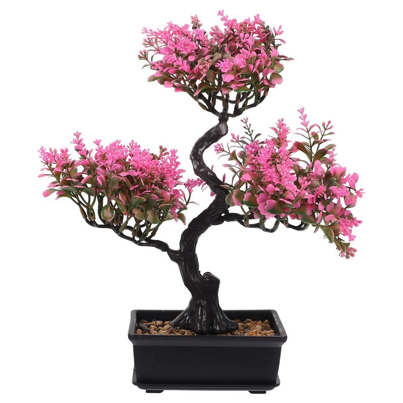 Artificial bonsai tree in black square pot, dark trunk with pink faux blossoms