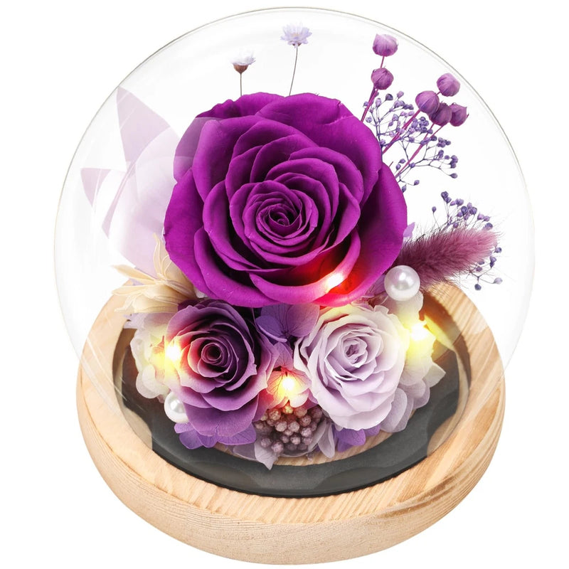 Purple preserved rose floral dome with lavender blooms, dried sprigs, pearl accents