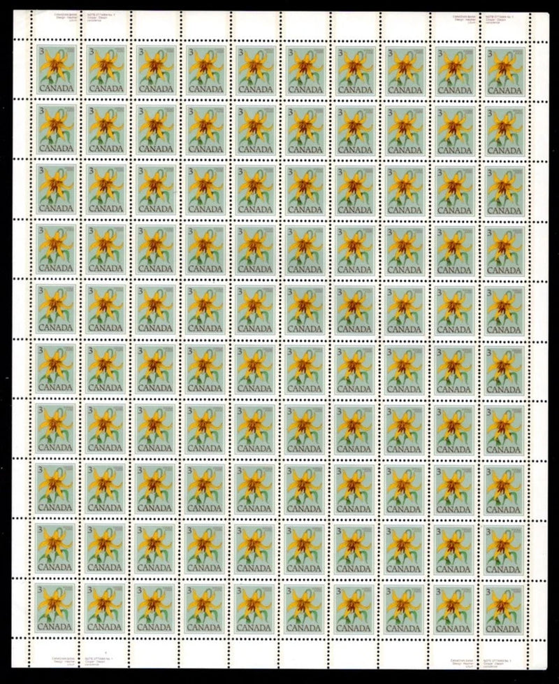 708, 3c, Canada Lily, Full Sheet of 100, MNHOG Lily