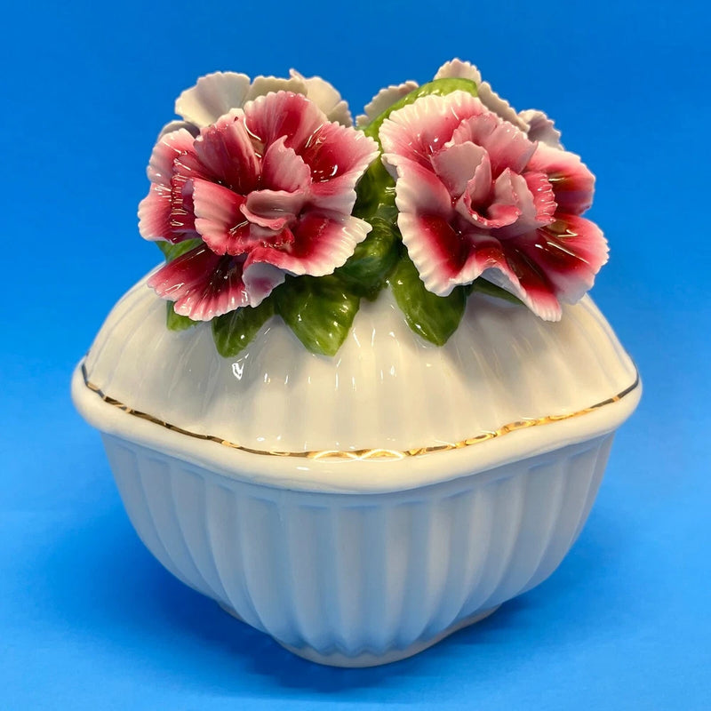 VTG Enesco Porcelain Trinket Candy Dish Applied Flowers Carnation Lid Sticker EC Carnation