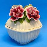 VTG Enesco Porcelain Trinket Candy Dish Applied Flowers Carnation Lid Sticker EC Carnation