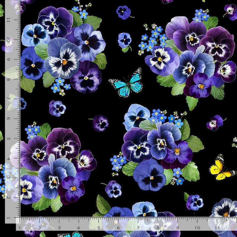 Pansy Flower Bouquets Fabric Black Cotton Timeless Treasures CD1892 By Yard Flowering Plants
