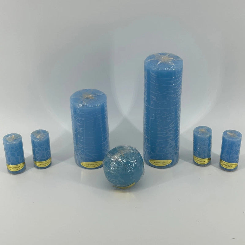 7 Piece Hydrangea Pillar Ball Candle Set Wax Scented Home Decor NEW OUTDOOR USE Hydrangea