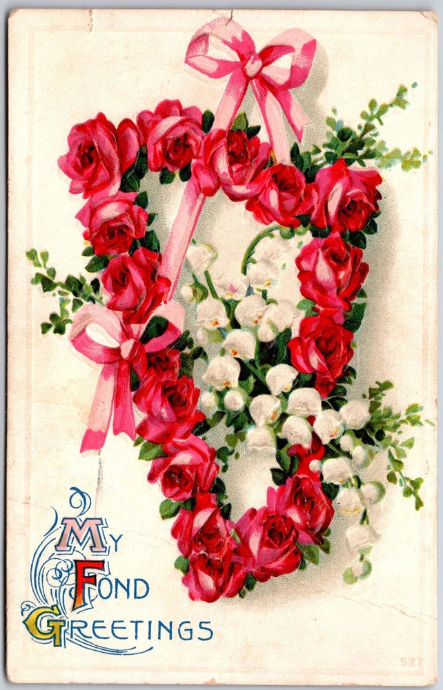 My Fond Greetings, 1909 Heart-Shaped Red Roses, White Lily & Ribbon, Postcard Lily