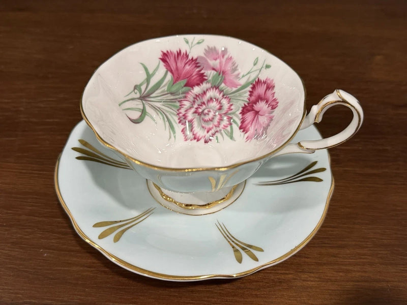 Vintage Queen Anne Bone China Teacup & Saucer Blue Gold Carnation England Carnation