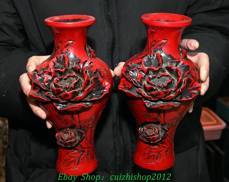 9'' Old Qing Qianlong Wood Lacquerware Peony Flower Butterfly Bottle Vase Pair Peony