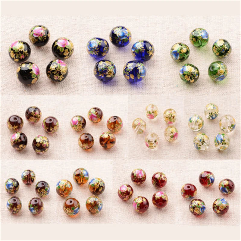 5pcs 12mm Flower Rose Peony Camellia Painted Glass Round Beads Transparent Craft Peony