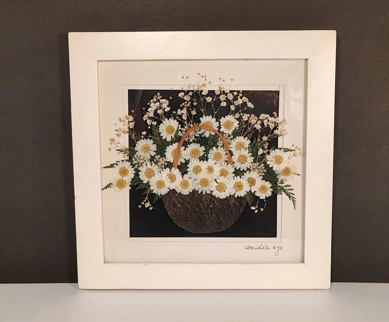 MICHELLE OYE VGT. PRESSED DRIED FLORAL FLOWER BASKET UNDER GLASS FRAMED 12" 12" Dried Flower