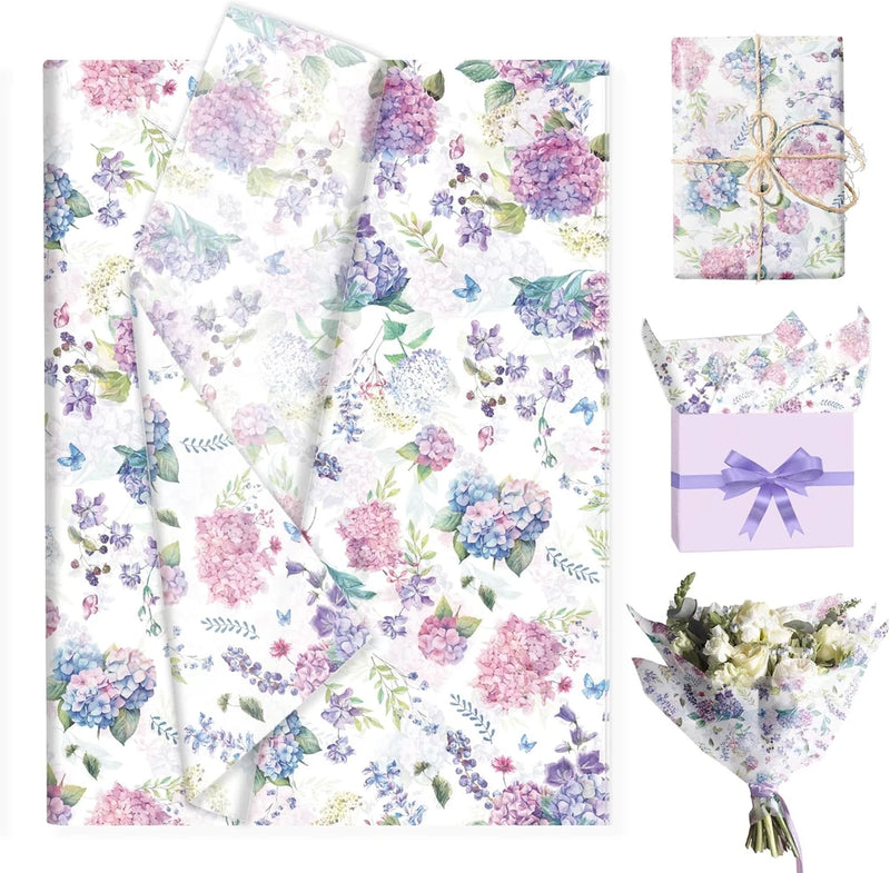 100 Sheets Hydrangea Flower Tissue Paper, Purple Florals Gift Wrap Tissue, Decor Hydrangea