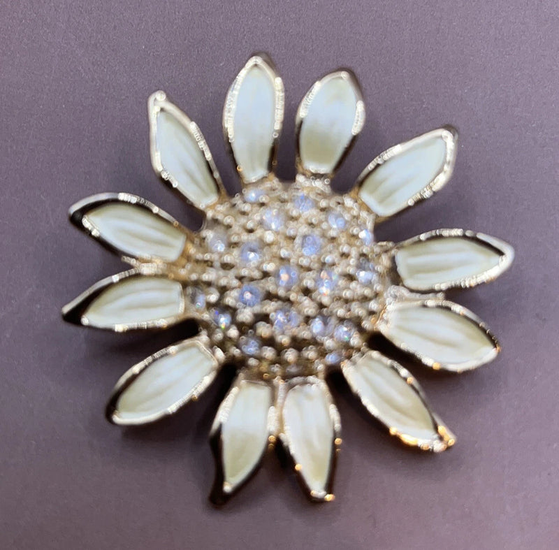 Gold-tone sunflower brooch/pendant with enamel leaf petals and rhinestone center