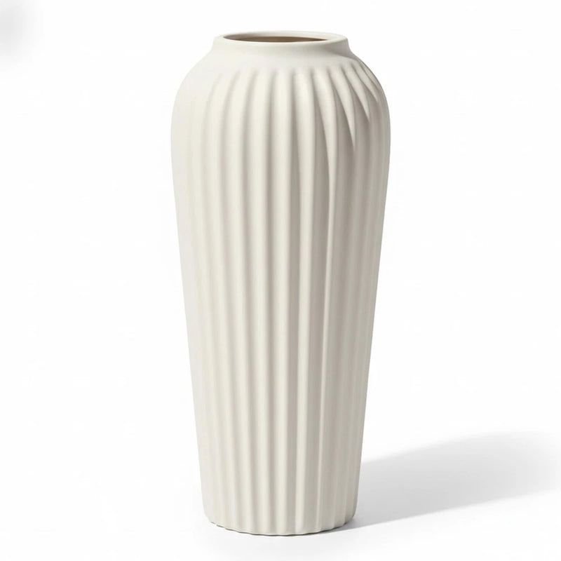 White Flower Vase, 9 Inch Ceramic Small Ribbed Textured Modern Vase for Pampa... Pampas Grass