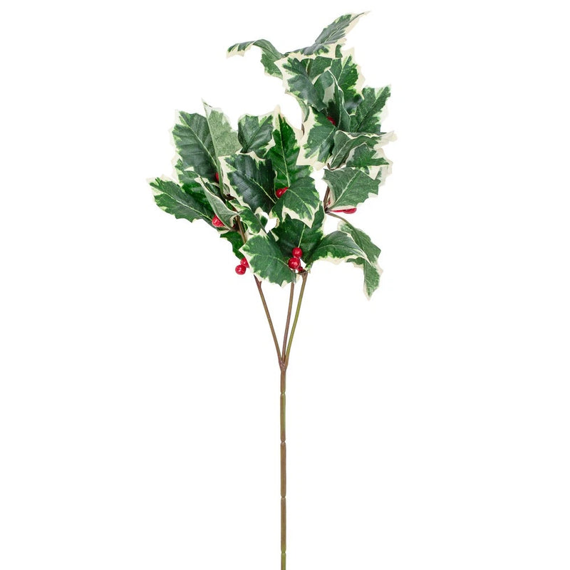 Artificial variegated holly leaf spray with green leaves and red berries on stems