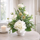 Cream Hydrangea and Ranunculus Silk Floral Arrangement in Cream Ceramic Vase Hydrangea