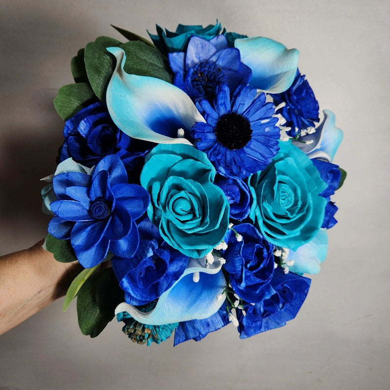 Teal Royal Blue Rose Calla Lily Real Touch Bridal Wedding Bouquet Accessories Bouquet