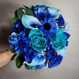 Teal Royal Blue Rose Calla Lily Real Touch Bridal Wedding Bouquet Accessories Bouquet