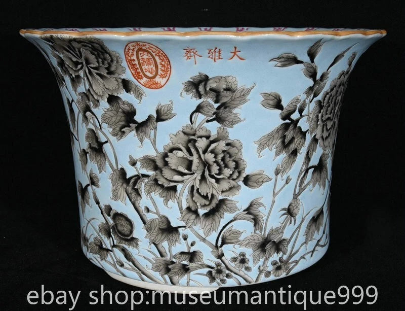 Porcelain peony flower pot with blue glaze and gray peony-and-floral pattern