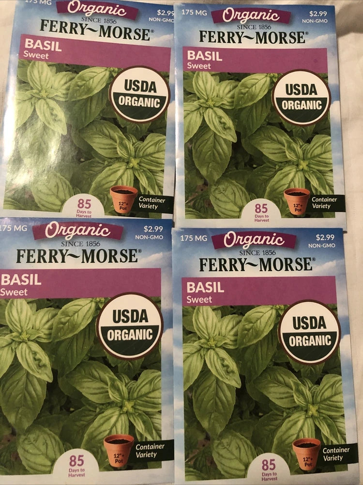 4 packs x 175 MG seeds SWEET BASIL organic Herb Garden Seeds FERRY-MORSE brand 4 Garden Plants