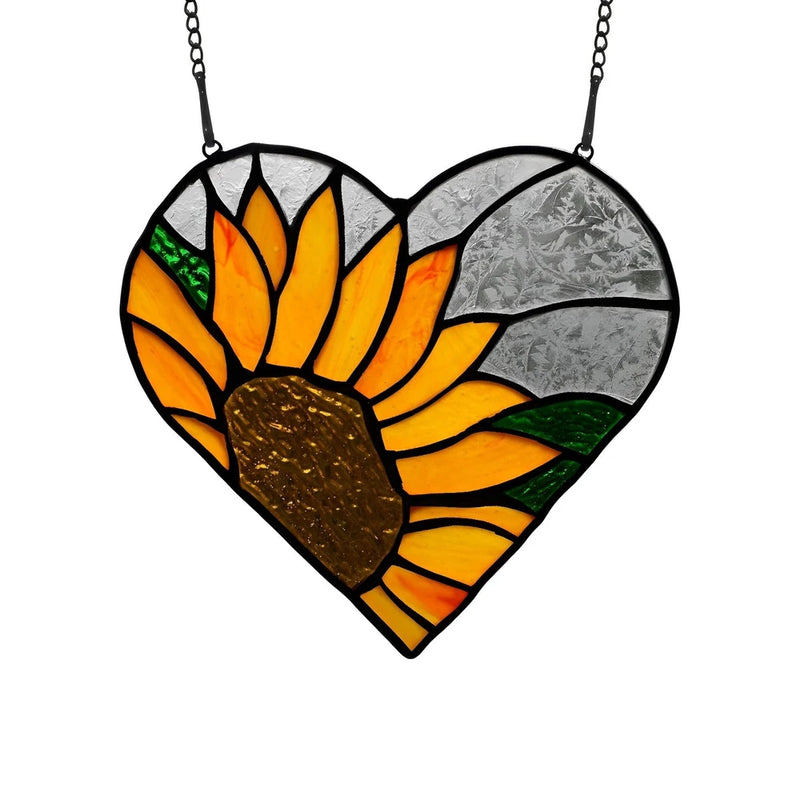 Sunflower stained glass heart window hanging with two chains, orange petals and dark center