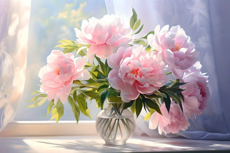 Peony floral painting on canvas with pink peonies in a clear vase