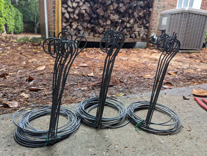 11-inch orchid wire ring stakes, black metal, with circular ring loops (set of 3)