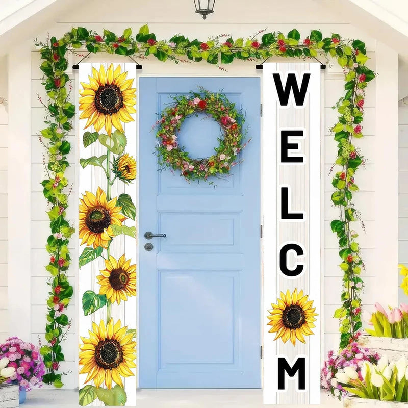 Set of 2 vertical sunflower door banners: one says WELCOME, one shows sunflowers