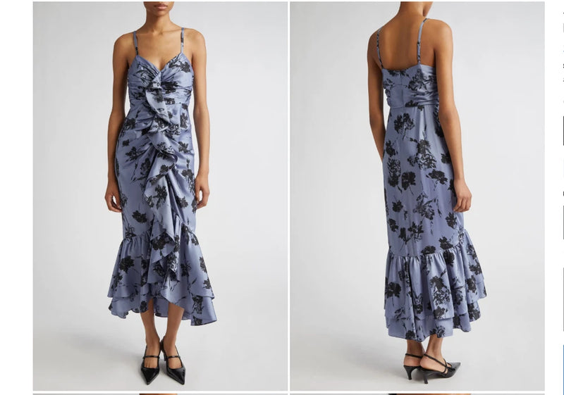 Blue floral satin slip dress with spaghetti straps and layered ruffle hem detail