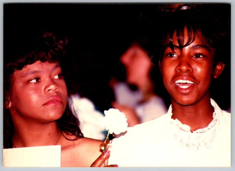 Vtg Color Snapshot Two Young Women Formal Dress White Flower Carnation 1990s Carnation