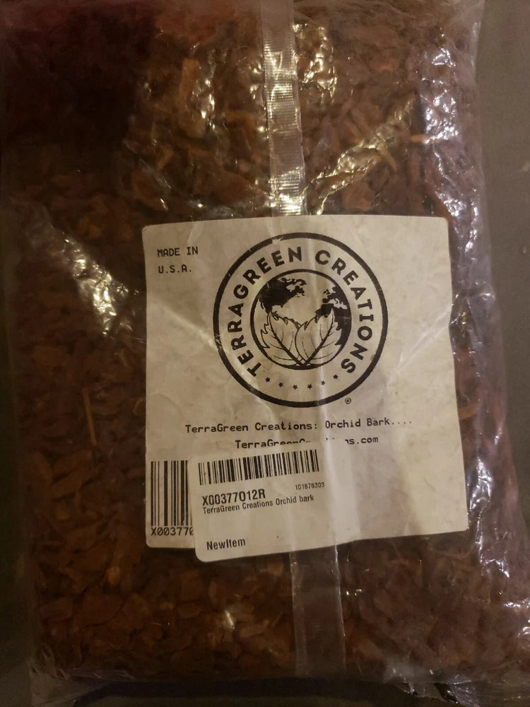 Orchid bark potting medium in TerraGreen Creations bag, dark brown bark pieces