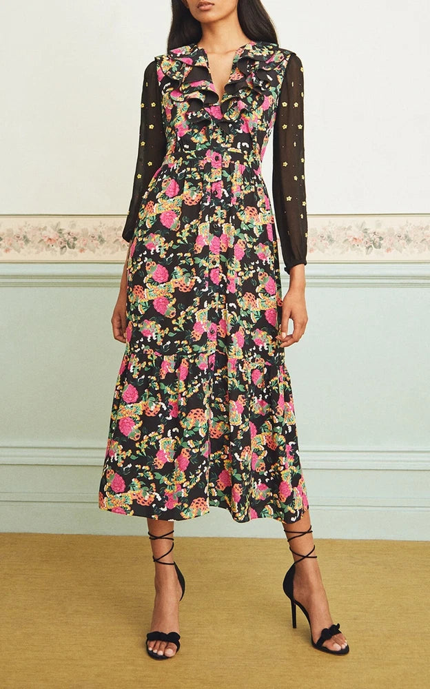 SALONI Black Floral Hydrangea Print Embroidered Ruffle Cocktail Dress 8US = 12UK Hydrangea