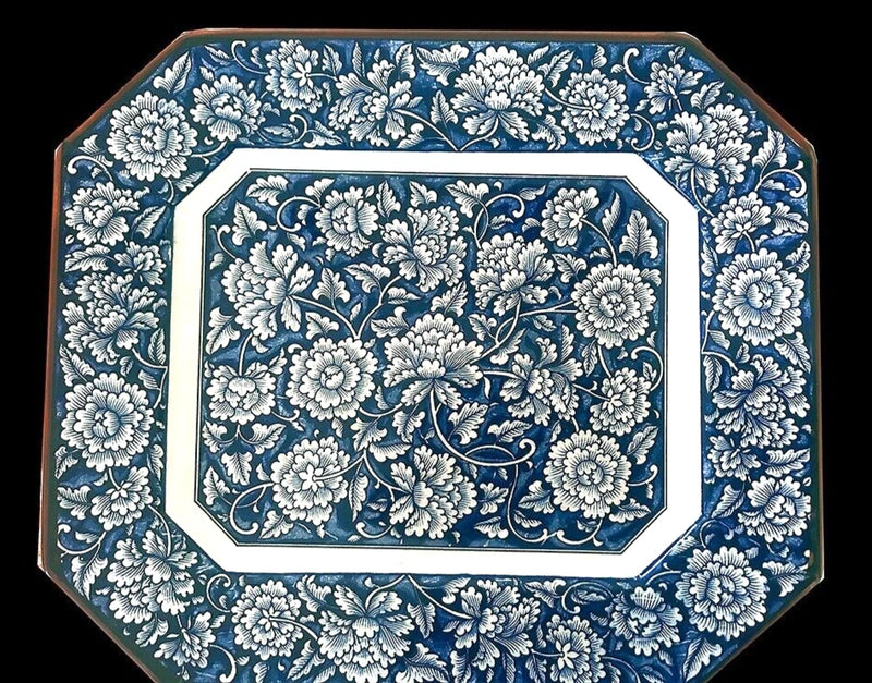 Octagon serving platter in blue and white peony floral with brown rim, decorative edge