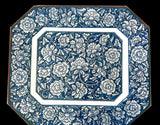 Beautiful Blue & White Peony Flower Octagon Serving Platter Brown Edge 13" Japan Peony