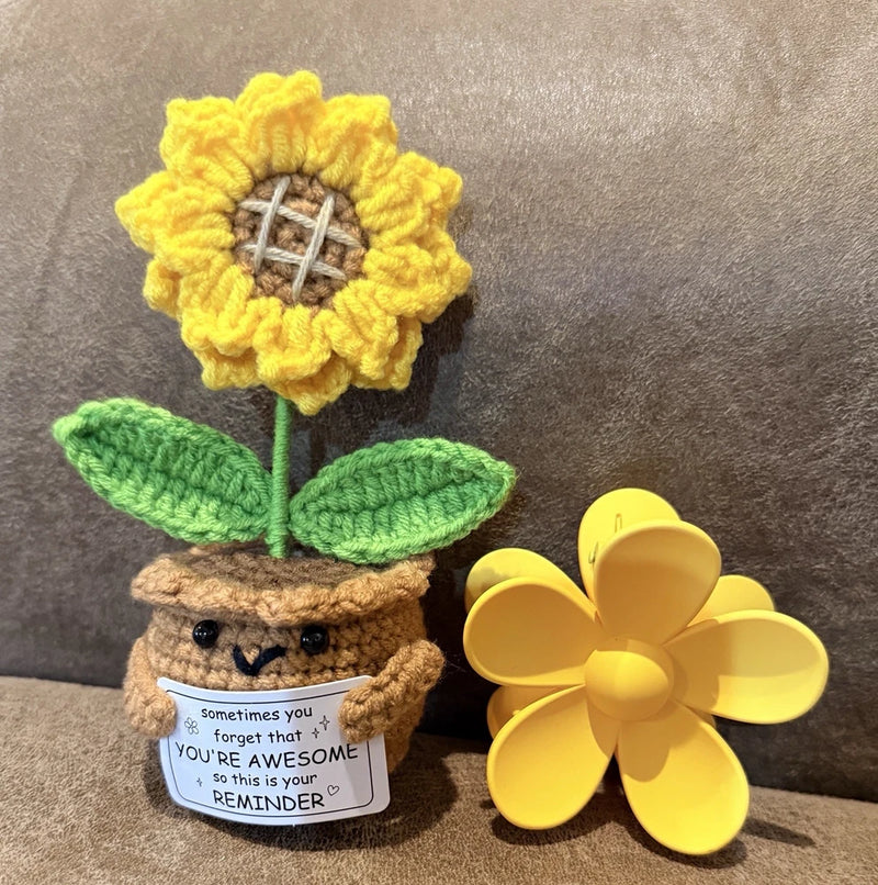 Handmade crochet sunflower with yellow flower, green leaves, beige pot, and note card