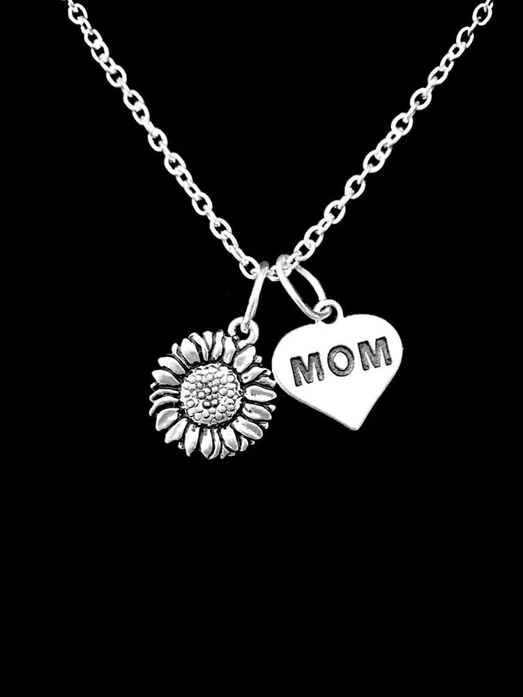 Sunflower and heart charm necklace with MOM pendant on silver-tone chain