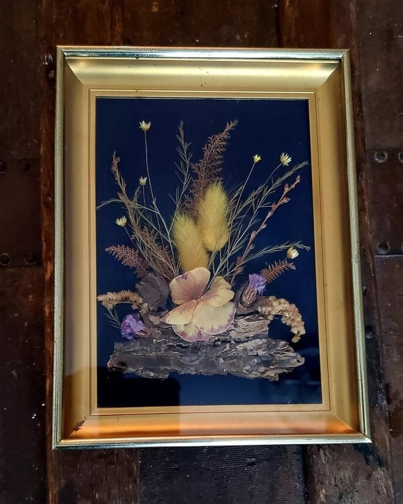 Vintage framed dried flower wall art with gold frame, blue background, and pressed blooms