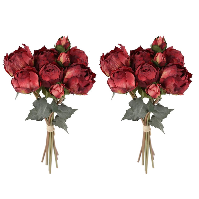 Artificial peony flower bouquets, dark red blooms with green leaves and wrapped stems
