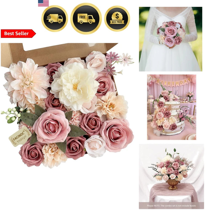 Artificial pink rose and peony flower bouquet set with assorted pastel blooms and stems