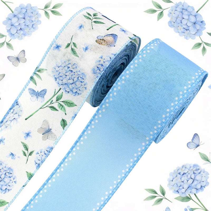 2 Rolls Summer Blue Hydrangea Floral Wired Edge Ribbon for Holiday Party DIY Hydrangea