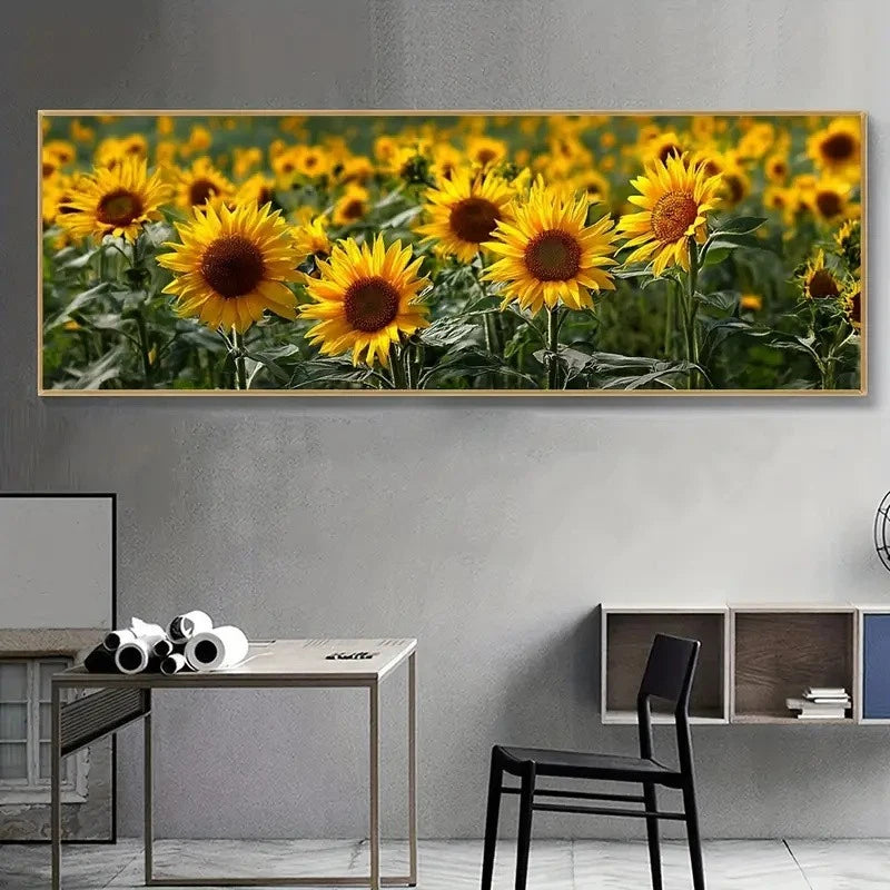 Landscape canvas print of yellow sunflowers with green foliage, panoramic flower field