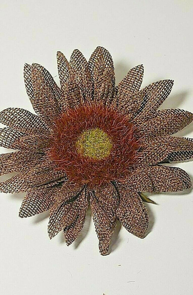 Brown and gold metallic burlap sunflower with textured yellow center, clip-on