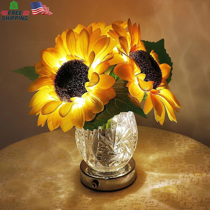 Sunflower table lamp with LED artificial flowers in clear glass vase, glowing bulbs