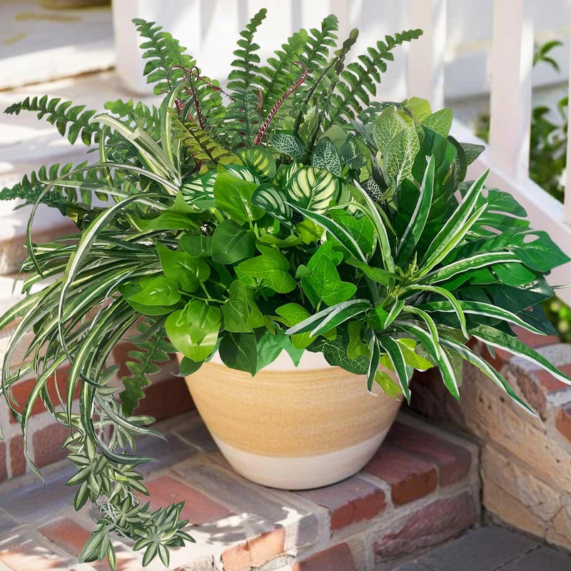 Artificial Plants Faux Greenery for Outdoor Porch Planter, UV Resistant Fake ... Green Plant