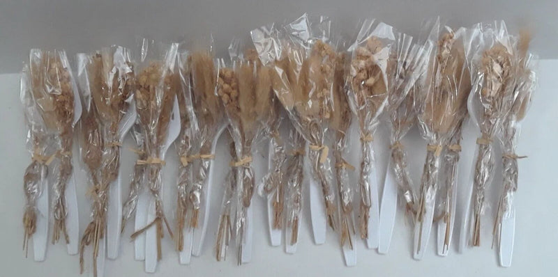 Set of 20 dried flower stems in clear wrap, tan and beige blooms, tied bundles